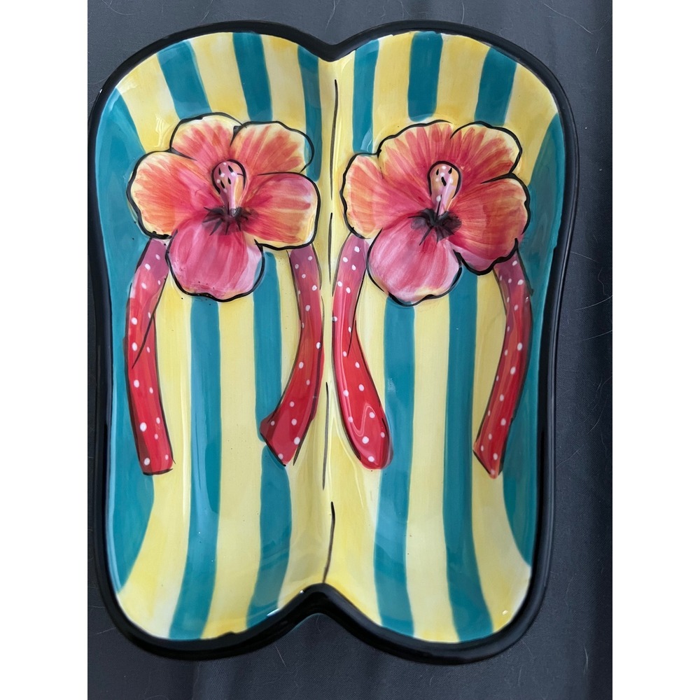 Clay Art Flip Flop Divided Serving Dish Ceramic Tropical Hibiscus Striped Tray